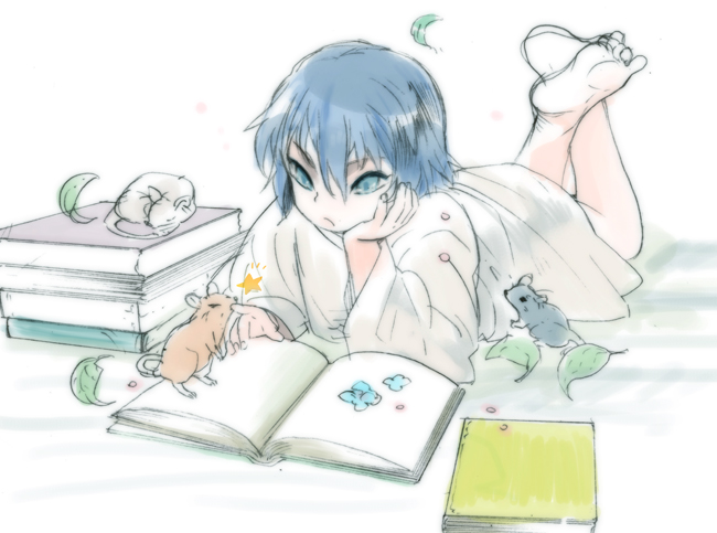 bad_id bad_pixiv_id barefoot blue_eyes blue_hair book feet kanke_(yonkuma) male_focus mouse nezumi_(no.6) no.6 sketch solo younger