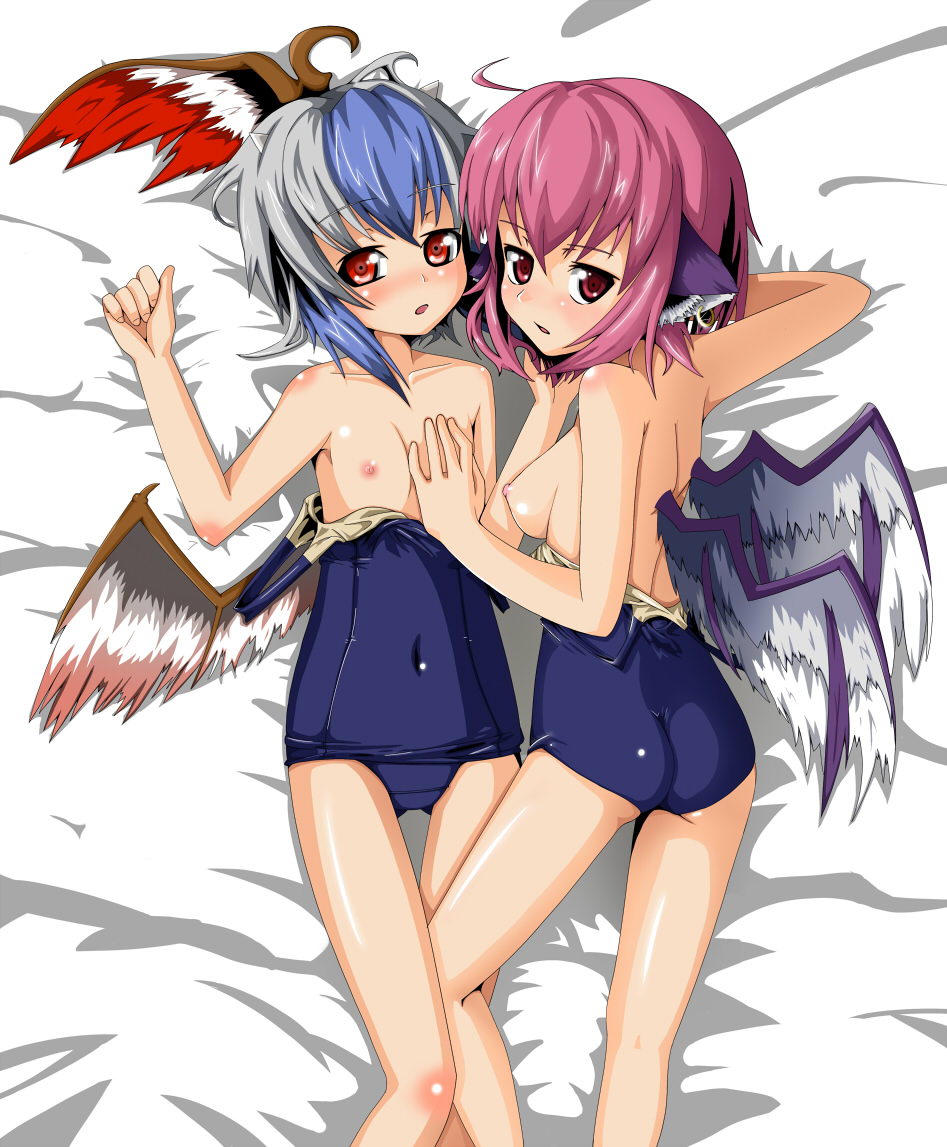 2girls ahoge ass back bad_id bad_pixiv_id bare_shoulders bed_sheet blue_hair breasts covered_navel earrings flat_chest head_wings horns jewelry looking_at_viewer lying multicolored_hair multiple_girls mystia_lorelei navel nipples no_hat no_headwear on_back one-piece_swimsuit pink_hair red_eyes school_swimsuit short_hair single_head_wing skin_tight small_breasts swimsuit swimsuit_pull tokiko_(touhou) touhou two-tone_hair white_hair wings