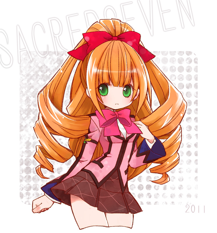 aiba_ruri bangs big_hair blush bow bowtie breasts commentary_request copyright_name cropped_legs drill_hair green_eyes hair_bow hair_ribbon hand_up long_sleeves looking_at_viewer miniskirt momo_(artist) orange_hair pink_bow pleated_skirt red_bow ribbon sacred_seven skirt solo thighhighs wide_hips