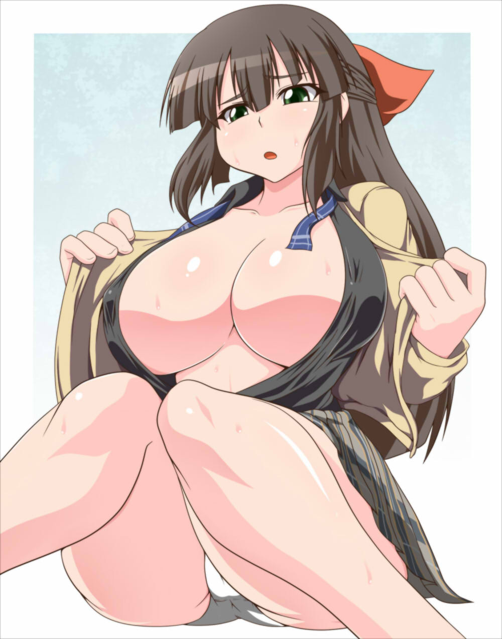 1girl breasts brown_hair cleavage dress erect_nipples female green_eyes hair_ribbon highres hime_cut hot huge_breasts legs long_hair no_bra open_clothes open_dress panties pantyshot pepo pepo_(absolute1123) ribbon sitting skirt solo sweat thighs underwear undressing upskirt white_panties