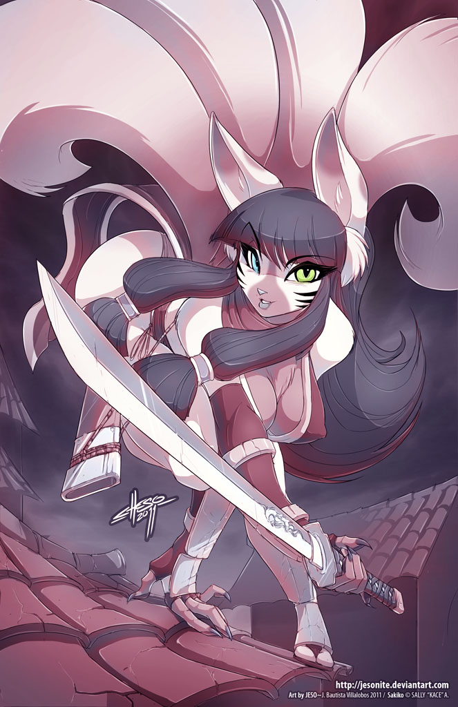 big_breasts black_hair blue_eyes breasts building canine cat catsune claws cleavage clothed clothing facial_markings feline female fox fur green_eyes hair heterochromia hybrid jeso kitsucat kitsune kunoichi lips long_hair looking_at_viewer mammal markings multiple_tails ninja outside rooftop sakiko solo stripes sword tail weapon white white_fur white_nose