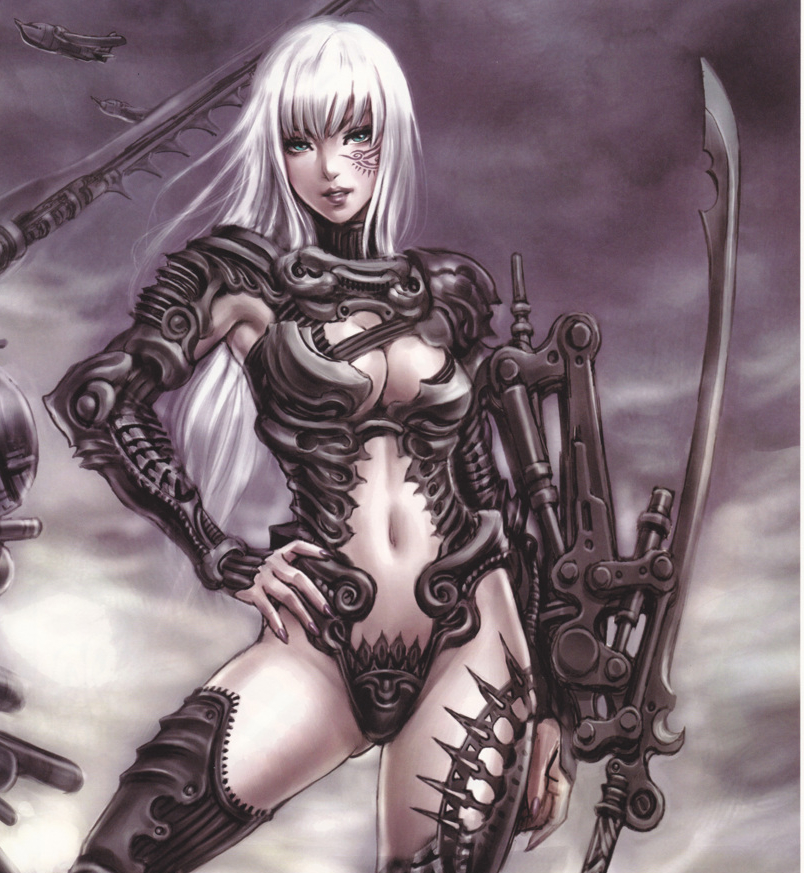 armor breasts cleavage green_eyes tattoo weapon white_hair