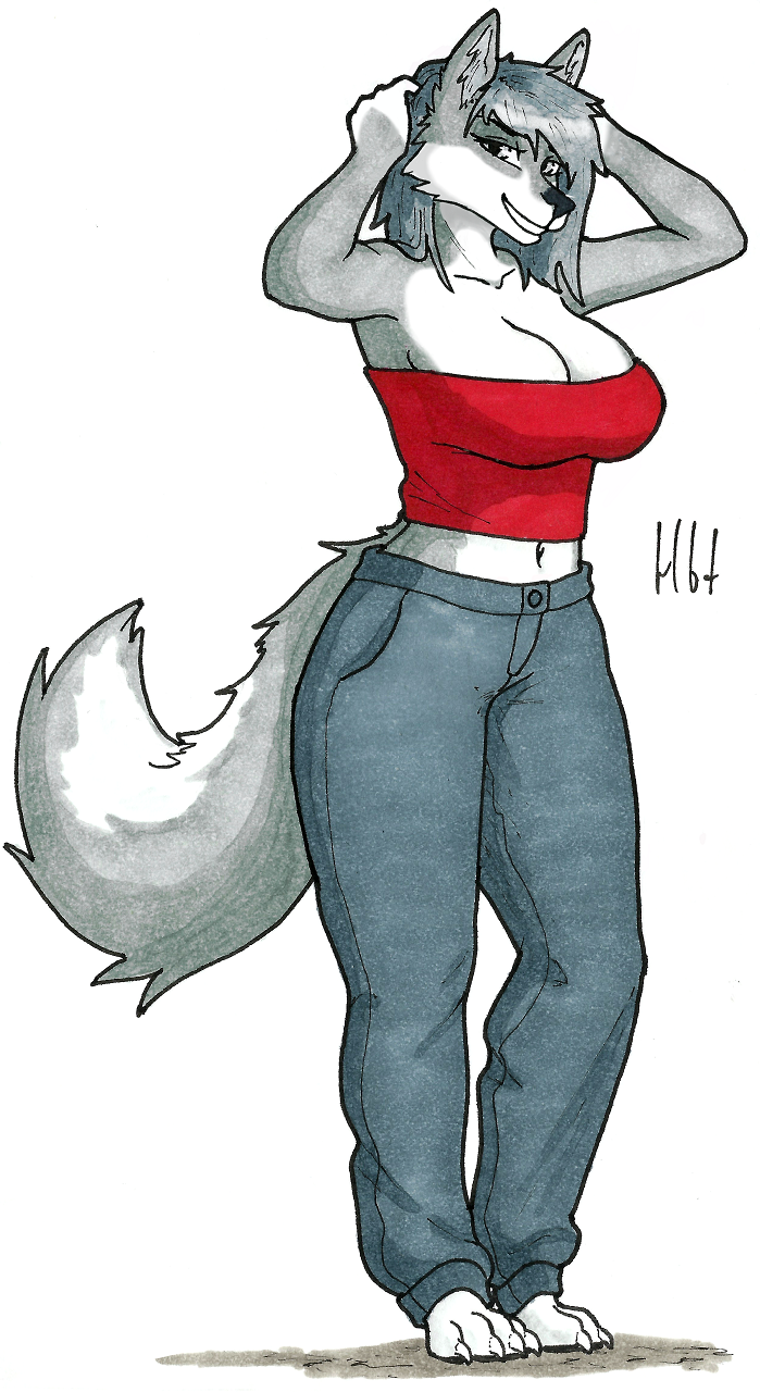 2019 anthro bare_shoulders big_breasts breasts canid canine clothed clothing eyebrows eyelashes female fur grey_hair haibet hair invalid_tag legwear looking_at_viewer mammal simple_background smile solo standing top traditional_media_(artwork) white_fur
