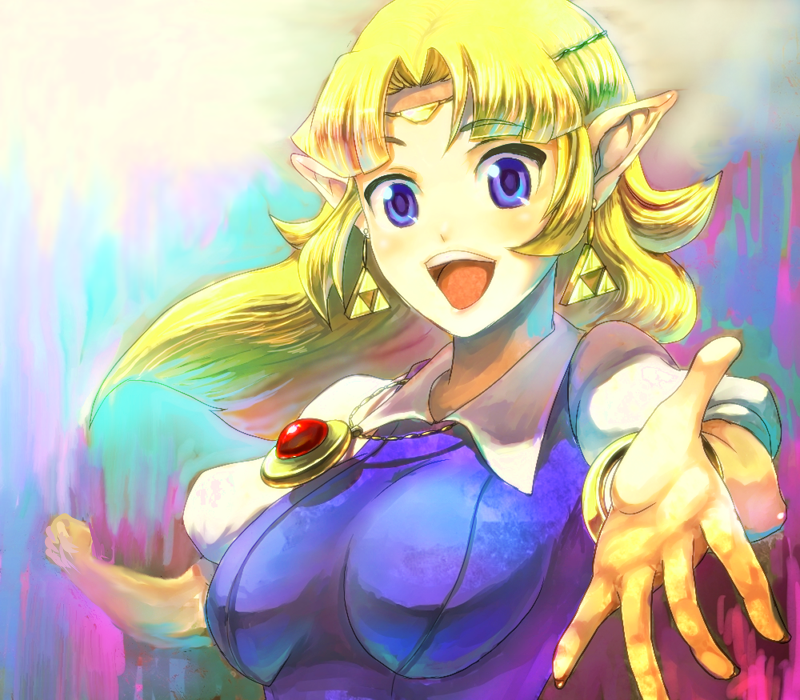 beckoning blonde_hair blue_eyes chichi_band earrings jewelry open_mouth outstretched_hand pendant pointy_ears princess_zelda smile solo the_legend_of_zelda the_legend_of_zelda:_a_link_to_the_past tiara