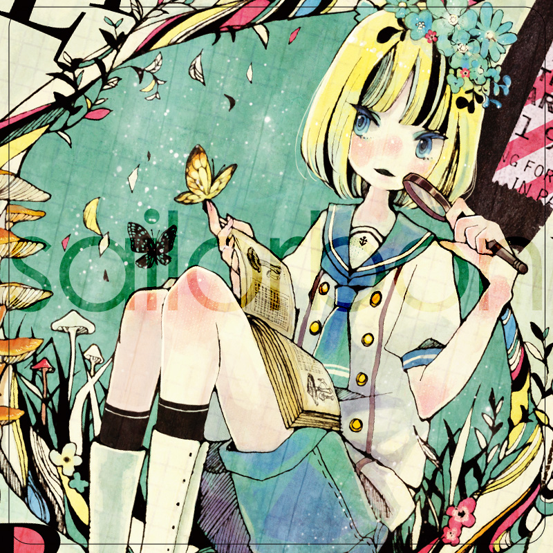 bad_id bad_pixiv_id blonde_hair blue_eyes book bug butterfly flower insect kinohe magnifying_glass mushroom sailorbon school_uniform sitting solo