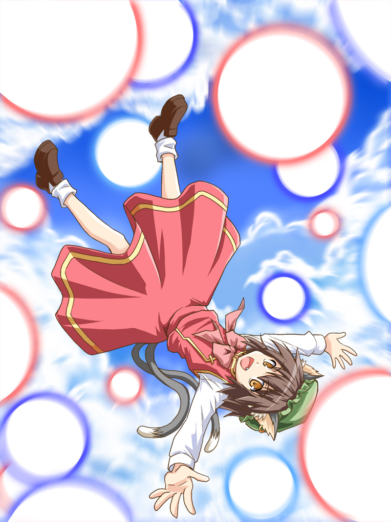 :d animal_ears brown_eyes brown_hair cat_ears cat_tail chen cloud danmaku earrings fang flying hat jewelry loafers looking_at_viewer multiple_tails open_mouth outstretched_arms rimibure shoes short_hair sky smile socks solo spread_arms tail touhou white_legwear