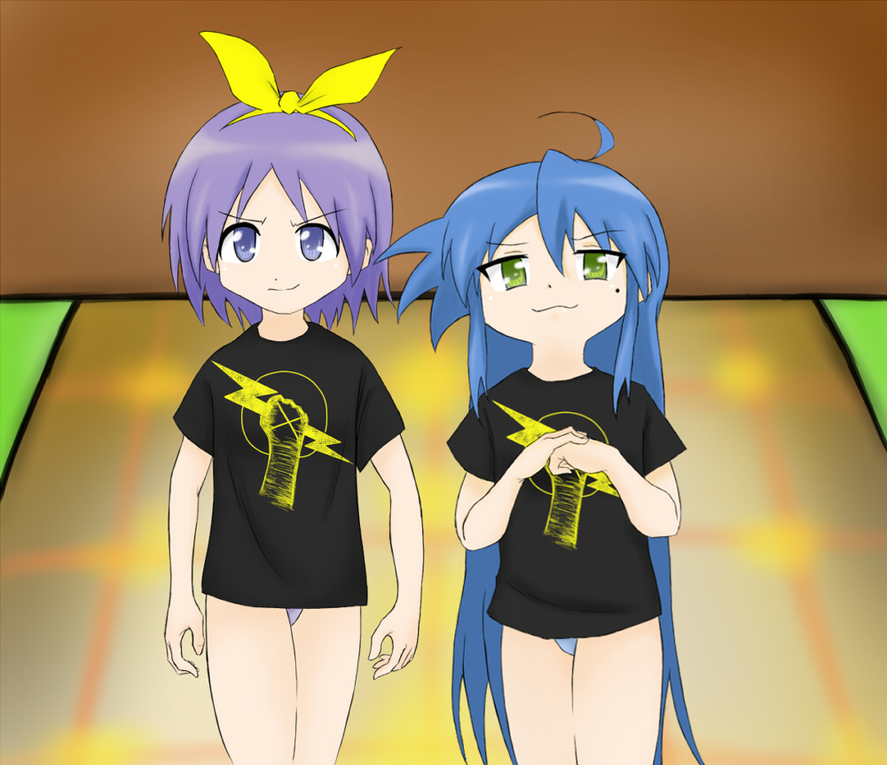 blue_eyes blue_hair bottomless cm_punk green_eyes hiiragi_tsukasa izumi_konata long_hair lucky_star panties purple_hair ribbon shirt short_hair t-shirt t_shirt underwear wrestling wwe