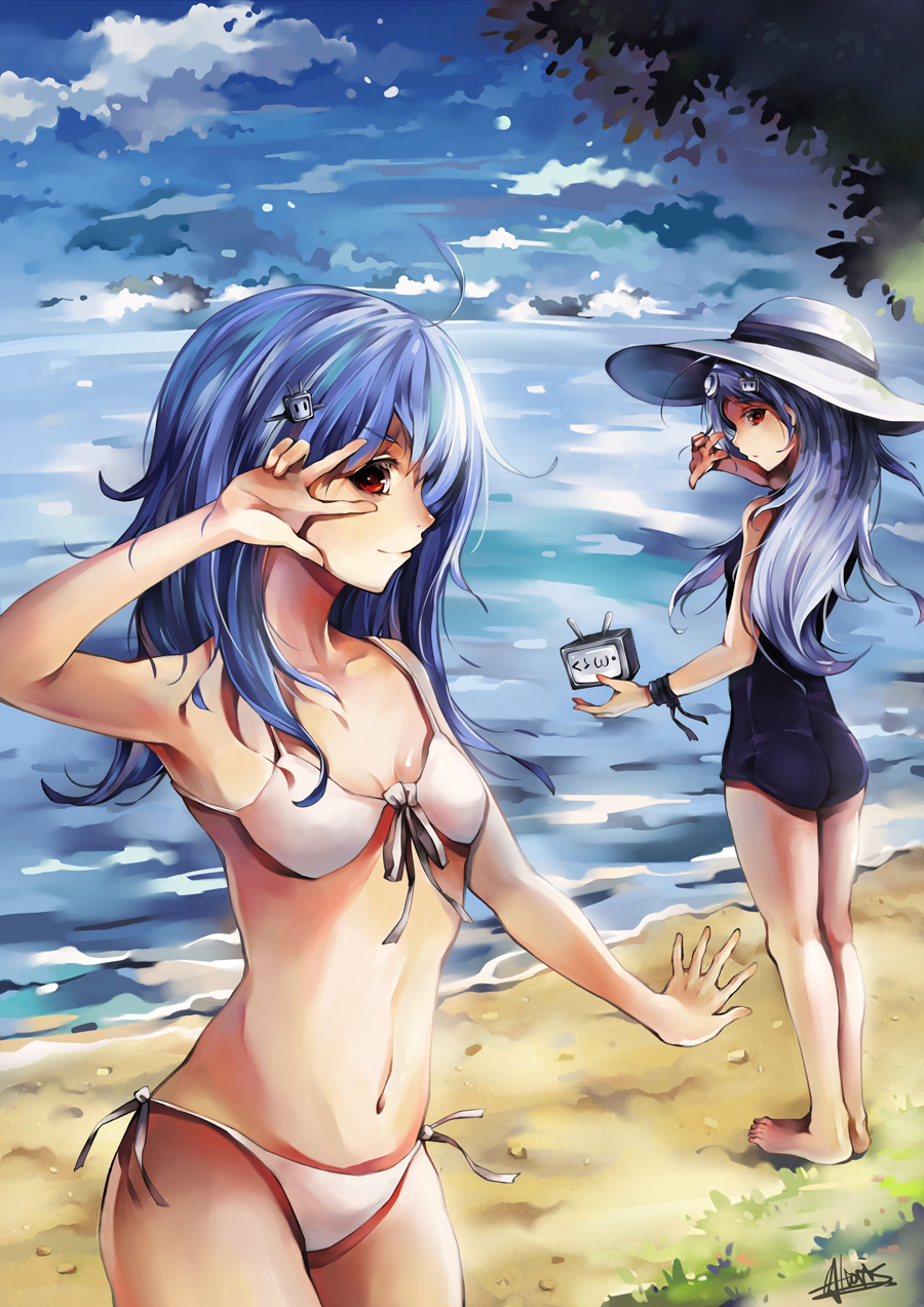 ahoge altoris_(scee) aqua_hair barefoot beach bikini bili_girl_22 bili_girl_33 bilibili_douga blue_hair cloud day face front-tie_top hair_ornament hands hat highres kiraboshi_(star_driver) leaf long_hair multiple_girls ocean one-piece_swimsuit outdoors outstretched_hand red_eyes school_swimsuit shore side-tie_bikini signature sky star_driver straw_hat swimsuit television v v_over_eye water white_swimsuit