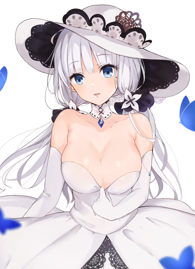1girl artist_request azur_lane bare_shoulders blue_eyes blush breasts bug butterfly cleavage collarbone commentary_request dress dress_pull elbow_gloves eyebrows_visible_through_hair gloves hat head_tilt illustrious_(azur_lane) insect large_breasts long_hair looking_at_viewer low_twintails mole mole_under_eye parted_lips pulled_by_self simple_background solo strapless strapless_dress sun_hat tri_tails twintails white_background white_dress white_gloves white_hair white_hat