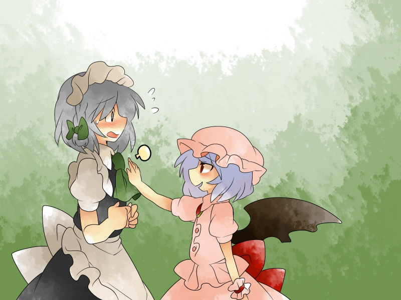 bad_id bad_pixiv_id bow comic embarrassed hammer_(sunset_beach) hat izayoi_sakuya large_bow lavender_hair maid maid_headdress multiple_girls red_eyes remilia_scarlet short_hair silent_comic silver_hair surprised touhou wings wrist_cuffs