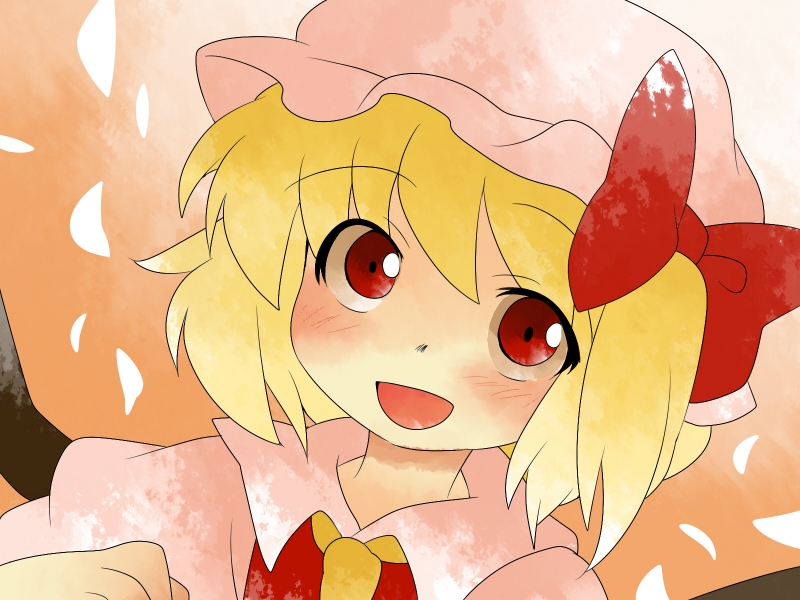 :d ascot bad_id bad_pixiv_id blonde_hair bow comic dutch_angle face flandre_scarlet hair_bow hammer_(sunset_beach) hat open_mouth red_eyes short_hair side_ponytail silent_comic smile solo touhou wings