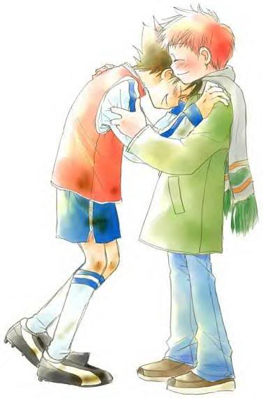 2boys digimon digimon_adventure_02 digimon_adventures_02 izumi_koushirou laughing multiple_boys smile soccer_uniform sportswear taichi_yagami yagami_taichi