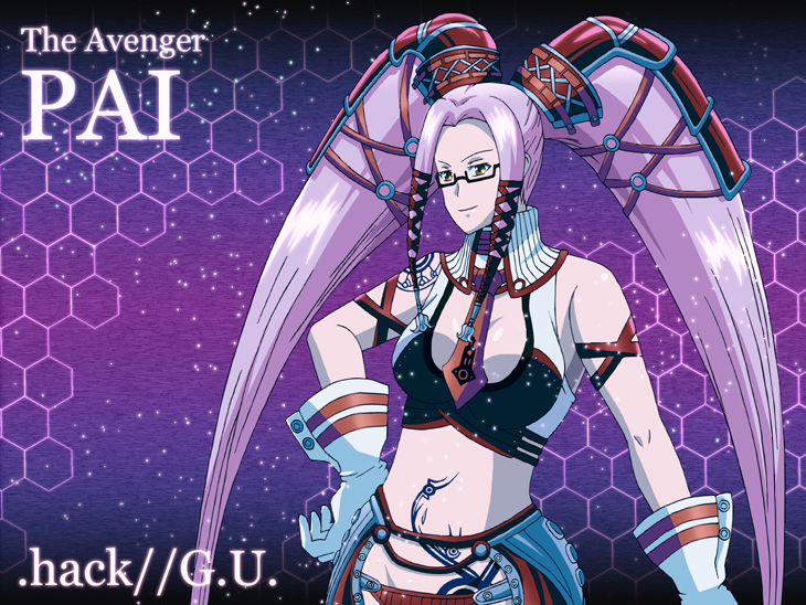 .hack .hack// .hack//g.u. 1girl bandai bangs cyber_connect_2 female glasses gloves hair_ornament kroze long_hair midriff necktie pi pink_hair red_eyes solo tattoo twintails very_long_hair