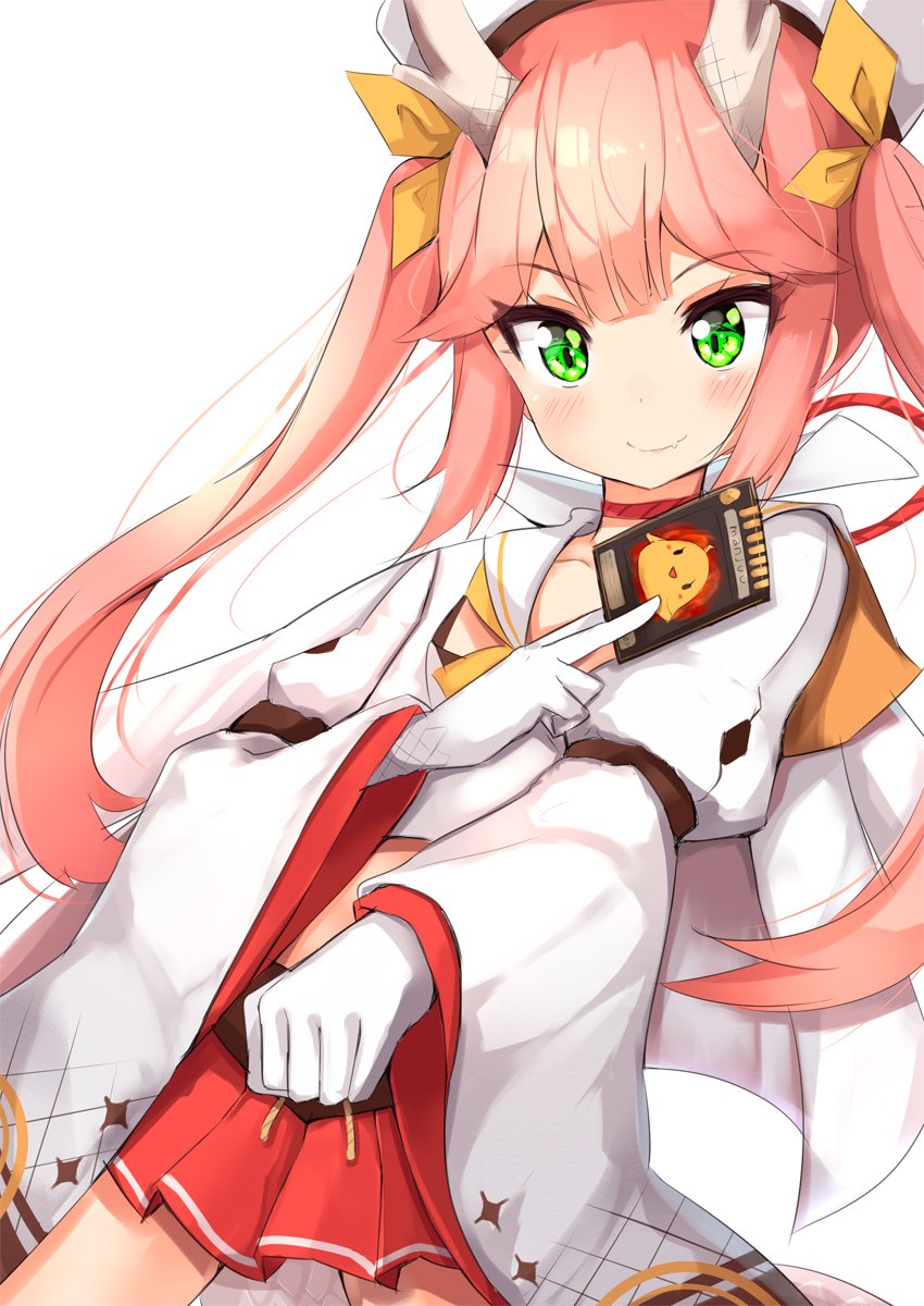 1girl ame. azur_lane bangs beret between_fingers blush brown_hat card closed_mouth collarbone commentary_request dragon_horns eyebrows_visible_through_hair fang fang_out gloves green_eyes hair_ribbon hat head_tilt highres holding holding_card horns juliet_sleeves long_hair long_sleeves orange_ribbon pink_hair pleated_skirt puffy_sleeves red_skirt ribbon ryuujou_(azur_lane) shirt simple_background skirt smile solo twintails very_long_hair white_background white_gloves white_shirt wide_sleeves