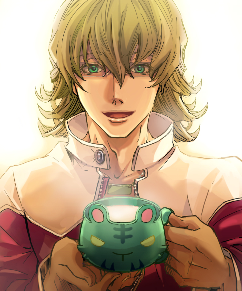 animal_cup barnaby_brooks_jr cup emi_(penguin908) glasses green_eyes jacket looking_at_viewer male_focus milk red_jacket solo tiger_&amp;_bunny tiger_cup
