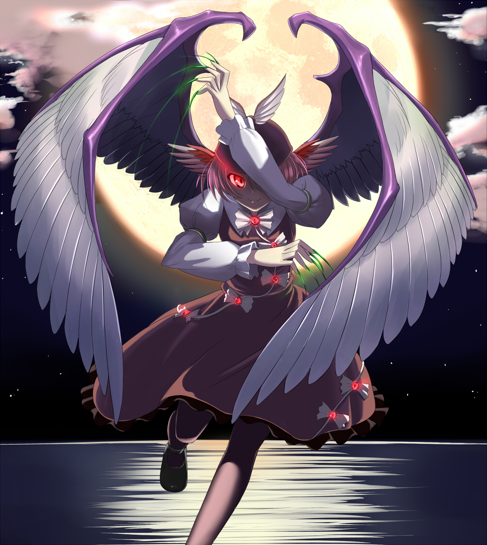 animal_ears bowed_wings brown_legwear claws dress fingernails floating flying full_moon glowing glowing_eye hat large_wings long_fingernails long_hair mary_janes moon mystia_lorelei night pantyhose pink_hair red_eyes shoes short_hair sky smile solo star_(sky) starry_sky takebi touhou wings