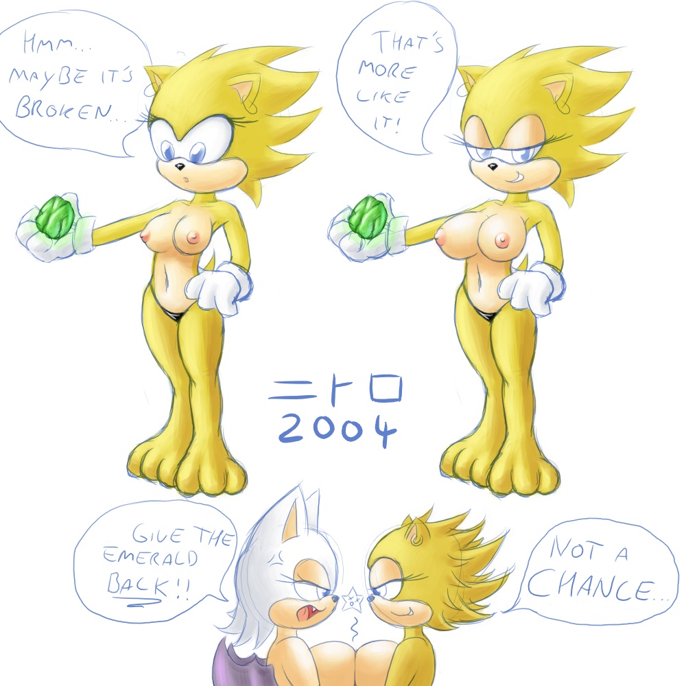 2004 bat blue_eyes boob_squish breast_expansion breast_squish breasts breasts_frottage chaos_emerald crossgender dialog dialogue female gem hand_on_hip hedgehog mammal nipples nitro plain_background rouge_the_bat sega sonic_(series) sonic_the_hedgehog sonica_the_hedgehog super_sonic tail text thong topless white_background wings