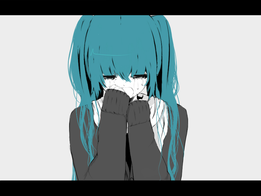 black_eyes blue_hair crying gray_background grey_background hands_on_face hands_on_own_face hatsune_miku letterbox letterboxed long_hair open_mouth sad scarf simple_background sleeves_past_wrists sweater tears twintails vocaloid white_skin yupi_(artist)