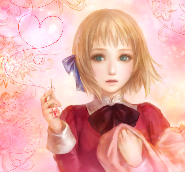 axis_powers_hetalia bangs blonde_hair bow dress face flower green_eyes hair_ribbon hands heart holding_needle liechtenstein_(hetalia) lips lotus_(elico) needle realistic ribbon sewing short_hair solo thread