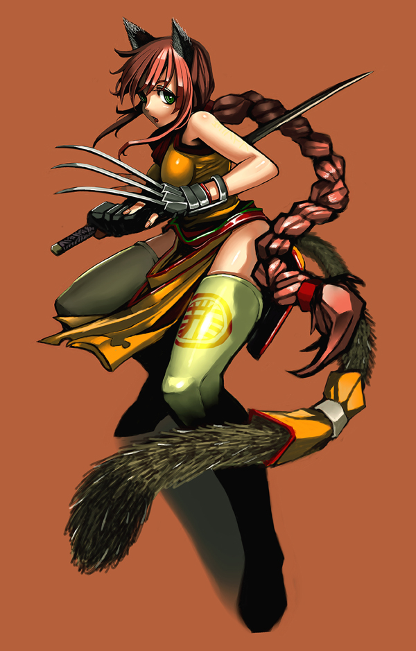 animal_ears bad_id bad_pixiv_id boots braid cat_ears claws copyright_request green_eyes long_hair red_hair simple_background solo sword tail takauma thigh_boots thighhighs weapon