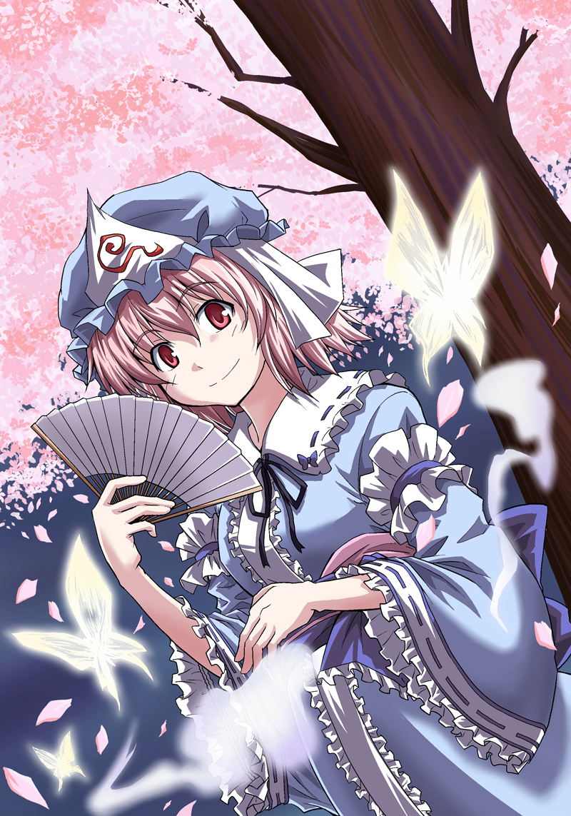 bug butterfly cherry_blossoms dutch_angle fan folding_fan ghost hat hitodama insect japanese_clothes looking_at_viewer pink_hair red_eyes rimibure saigyouji_yuyuko smile solo touhou tree triangular_headpiece upper_body