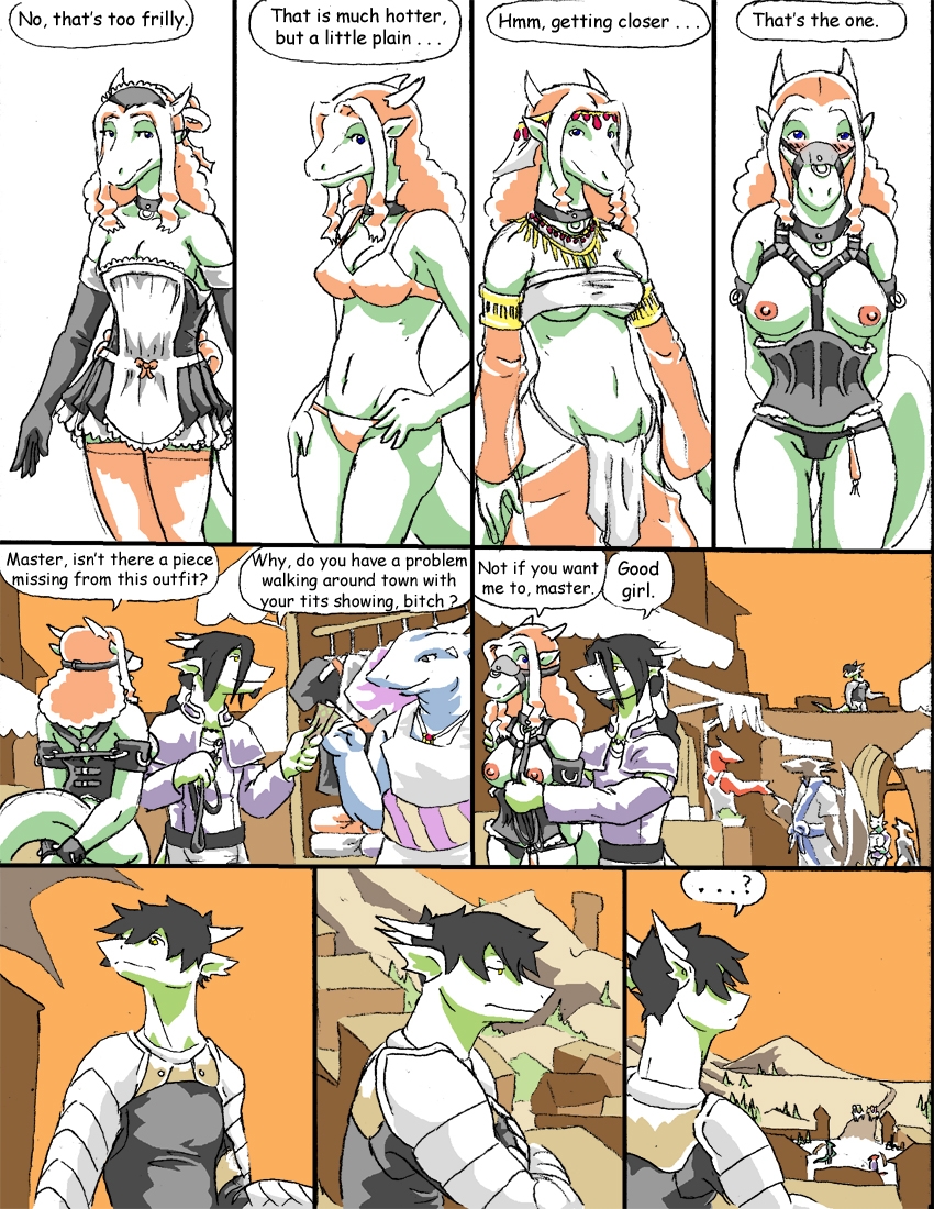 blush bondage_gear breasts brother clothed clothing comic dragon dranz female horn maid_uniform male nipples reiger scalie sibling skimpy swimsuit tight_clothing