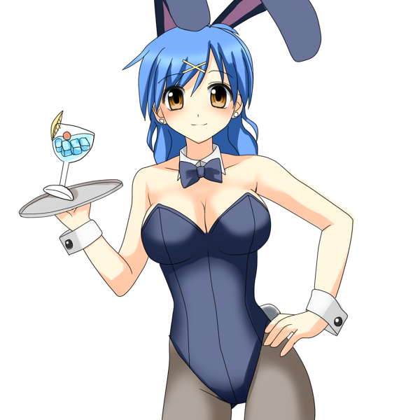animal_ears bangs bare_shoulders black_legwear blue_bow blue_hair blue_leotard blue_neckwear blush bow bowtie breasts brown_eyes bunny_ears bunny_tail bunnysuit cherry cleavage closed_mouth cocktail contrapposto cowboy_shot cup detached_collar drinking_glass earrings eyebrows_visible_through_hair fake_animal_ears fake_tail food fruit hair_ornament holding holding_tray houshou_hanon ice ice_cube jewelry large_breasts lemon lemon_slice leotard light_smile looking_at_viewer mermaid_melody_pichi_pichi_pitch miru pantyhose parted_bangs short_hair simple_background smile solo spilling standing strapless strapless_leotard stud_earrings tail tray white_background wine_glass wrist_cuffs x_hair_ornament