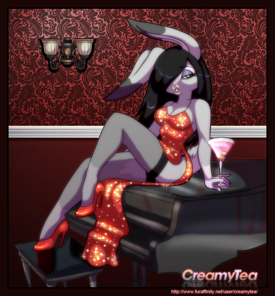 beautiful creamytea drink female glass inside instrument lagomorph legwear light mammal musical_instrument piano rabbit red red_dress solo sparkle sparkling stockings