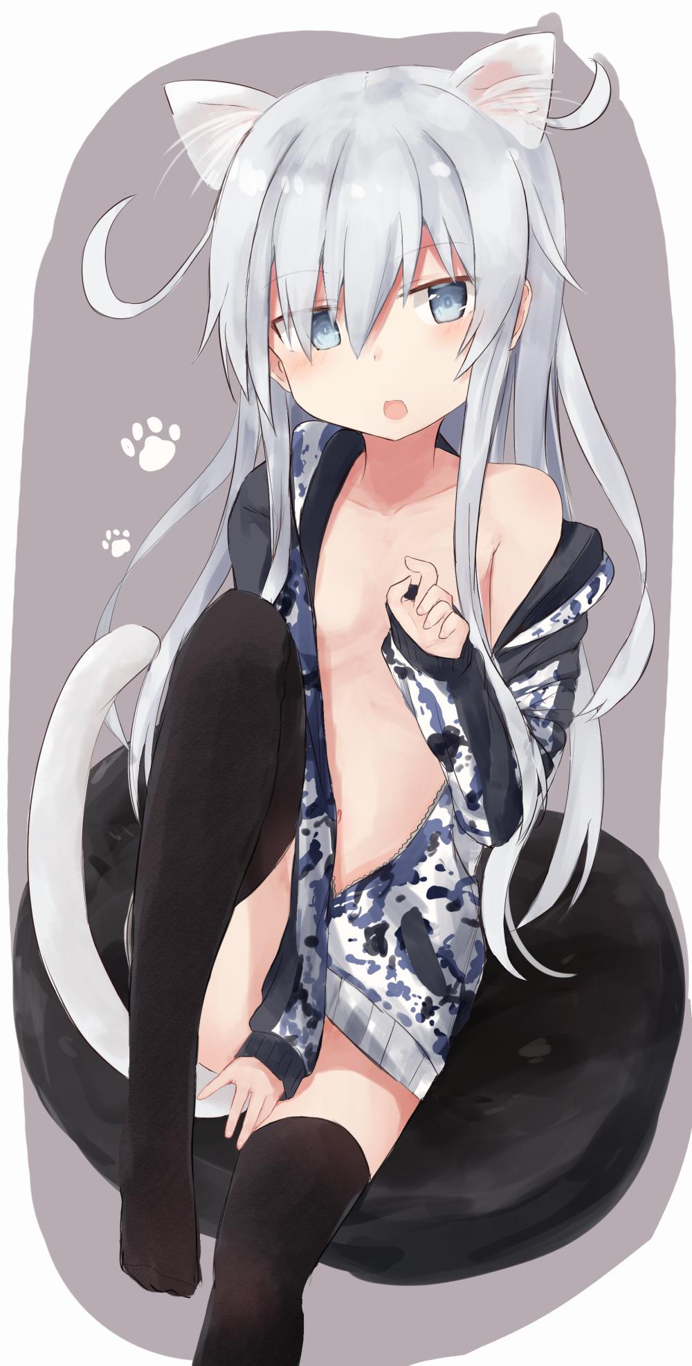 1girl alternate_costume animal_ears black_legwear camouflage_jacket cat_ears cat_tail collarbone extra_ears eyebrows_visible_through_hair eyes_visible_through_hair grey_eyes hair_between_eyes hibiki_(kantai_collection) highres kantai_collection long_hair long_sleeves looking_at_viewer navel open_clothes silver_hair sitting solo tail thighhighs yuki_(yukin0128)