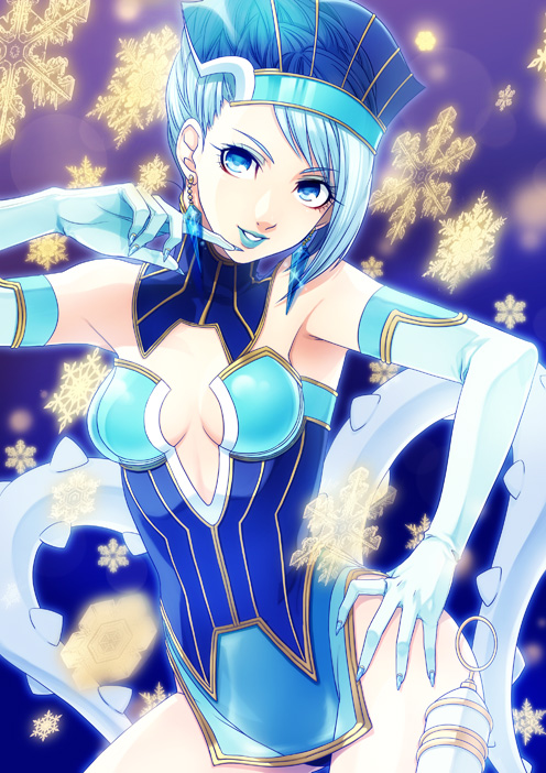 bare_shoulders blue_eyes blue_hair blue_rose_(tiger_&amp;_bunny) boots breasts cleavage crystal_earrings earrings elbow_gloves enmto eyelashes fingernails gloves gun jewelry karina_lyle lipstick makeup medium_breasts short_hair solo superhero thigh_boots thighhighs tiger_&amp;_bunny transparent_breasts_pads weapon