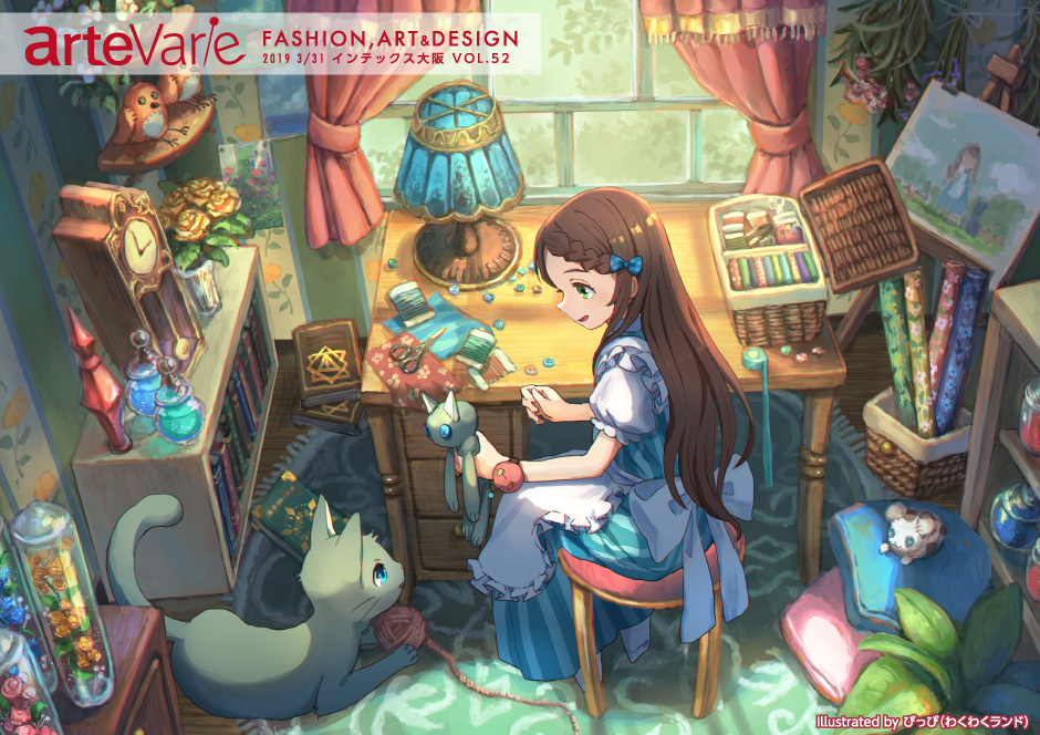 1girl apron artist_name basket blue_dress book bookshelf bow bracelet braid brown_hair buttons carpet cat chair clock copyright_name dated desk dress easel flower french_braid green_eyes hair_bow holding infoors jar jewelry lamp long_hair looking_down looking_to_the_side open_mouth original painting_(object) pippi_(pixiv_1922055) sitting smile solo striped striped_dress stuffed_animal stuffed_bird stuffed_cat stuffed_mouse stuffed_toy vial window wooden_floor yarn yarn_ball