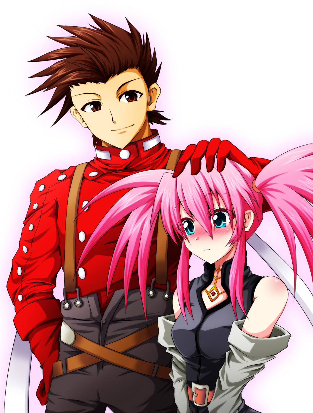 1girl blue_eyes blush brown_hair couple elbow_gloves gloves height_difference hetero highres lloyd_irving petting pink_hair presea_combatir red_shirt shangorilla shirt smile tales_of_(series) tales_of_symphonia twintails
