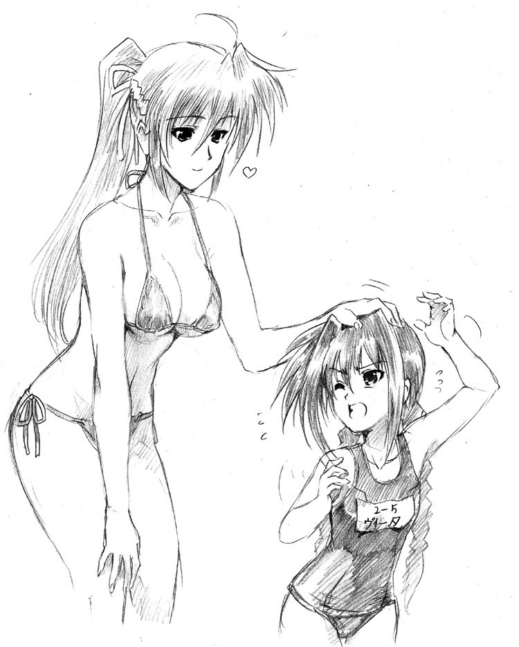 angry bikini braid breasts byeontae_jagga flat_chest greyscale hand_on_another's_head heart long_hair lyrical_nanoha mahou_shoujo_lyrical_nanoha mahou_shoujo_lyrical_nanoha_a's medium_breasts micro_bikini monochrome multiple_girls one-piece_swimsuit petting ponytail school_swimsuit signum sketch swimsuit traditional_media twintails vita