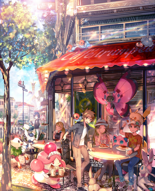 3boys apron arm_up awning black_jacket black_legwear blue_(pokemon) blue_pants bow bowtie brown_eyes brown_hair brown_pants closed_eyes corn_(pokemon) cup day earrings eevee espurr fletchling helioptile holding_up jacket jewelry jigglypuff meowstic miniskirt multiple_boys multiple_girls naru_(andante) ookido_green open_clothes open_jacket outdoors pants pikachu pink_shirt pleated_skirt pokemon pokemon_(game) pokemon_bw pokemon_frlg pokemon_on_head pokemon_xy print_shirt red_(pokemon) red_shirt red_skirt serena_(pokemon) shirt short_sleeves sitting skiddo skirt slurpuff standing sunlight swirlix sylveon teacup thighhighs vivillon waist_apron white_apron white_bow white_hair white_shirt wristband