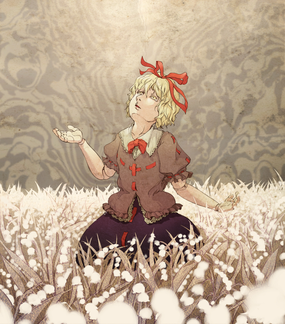 blonde_hair bow doll_joints flower hair_bow horror_(theme) lily_of_the_valley looking_up medicine_melancholy open_mouth solo touhou uruo yellow_eyes