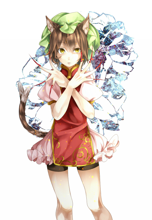 animal_ears bad_id bad_pixiv_id bike_shorts brown_hair cat_ears cat_tail chen china_dress chinese_clothes dress earrings fingernails hat jewelry long_fingernails multiple_tails short_hair silentdin single_earring slit_pupils solo tail touhou yellow_eyes