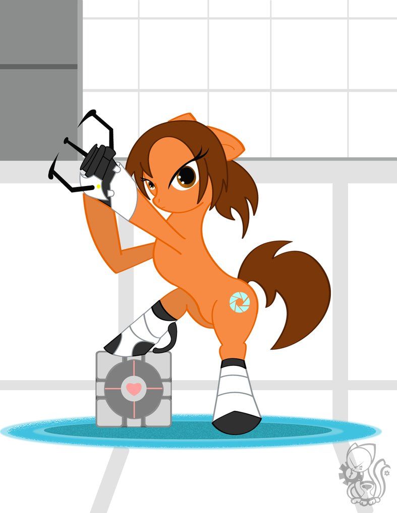 boots brown_eyes brown_hair chell crossover equine female hair horse orange ponification pony portal portal_(series) portal_gun tagme valve weighted_companion_cube