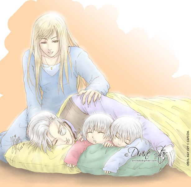 3boys blanket blonde_hair brothers dante_(devil_may_cry) devil_may_cry eva_(devil_may_cry) family father_and_son mother_and_son multiple_boys non-web_source pillow saliva siblings silver_hair sleeping sparda vergil younger