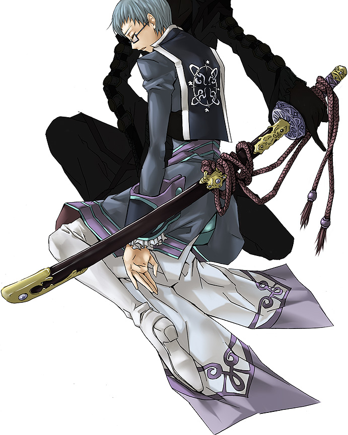asbel_lhant blue_hair glasses hubert_ozwell male_focus multiple_boys sheath sheathed sonnnabakana sword tales_of_(series) tales_of_graces weapon white_background