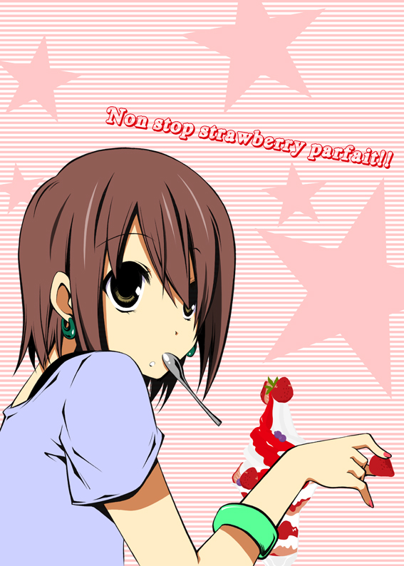 bracelet brown_eyes brown_hair casual dessert earrings food fruit hair_over_one_eye hirasawa_yui holding holding_food holding_fruit inui_sekihiko jewelry k-on! listen!! mouth_hold parfait short_hair solo spoon strawberry