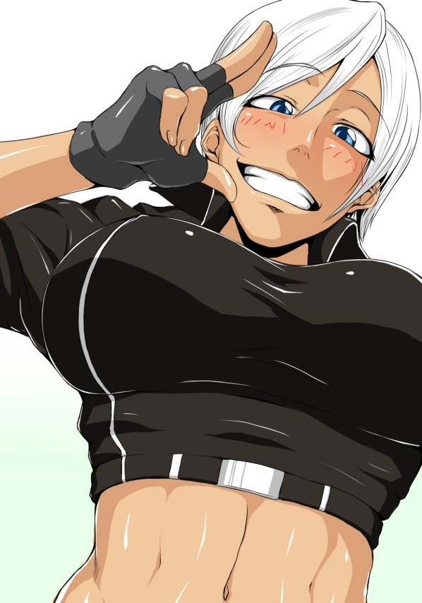 abs angel_(kof) bad_id bad_pixiv_id blue_eyes breasts fingerless_gloves gloves grin large_breasts midriff orita_(knightfever) smile solo the_king_of_fighters white_hair