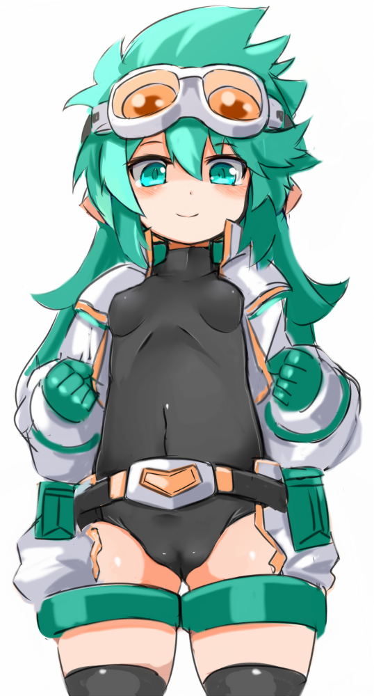 1girl bangs black_legwear black_leotard blush breasts cameltoe character_request closed_mouth covered_navel cowboy_shot eyebrows_visible_through_hair gloves gluteal_fold goggles goggles_on_head green_eyes green_gloves green_hair hair_between_eyes jacket karukan_(monjya) leotard long_hair long_sleeves looking_at_viewer open_clothes open_jacket shinrabanshou simple_background sleeves_past_wrists small_breasts smile solo thighhighs white_background white_jacket
