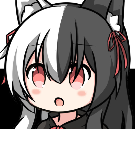 1girl :o alice_mana alice_mana_channel animal_ear_fluff animal_ears bangs black_background black_dress black_hair blush commentary_request dress eyebrows_visible_through_hair hair_between_eyes hair_ribbon long_hair looking_at_viewer multicolored_hair nagato-chan open_mouth portrait red_eyes red_ribbon ribbon solo two-tone_background two-tone_hair virtual_youtuber white_background white_hair