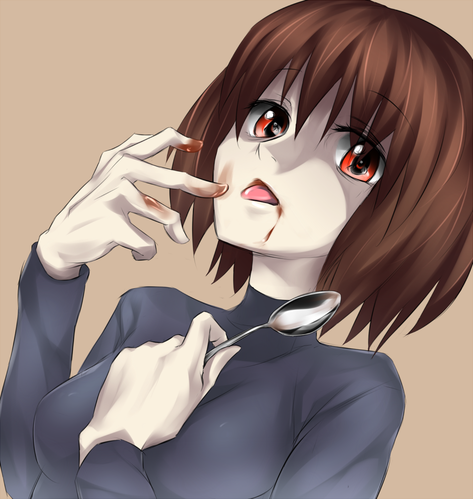 bad_id bad_pixiv_id brown_eyes brown_hair curry finger_licking food food_on_face keikotsu licking mawaru_penguindrum oginome_ringo short_hair solo spoon turtleneck yandere
