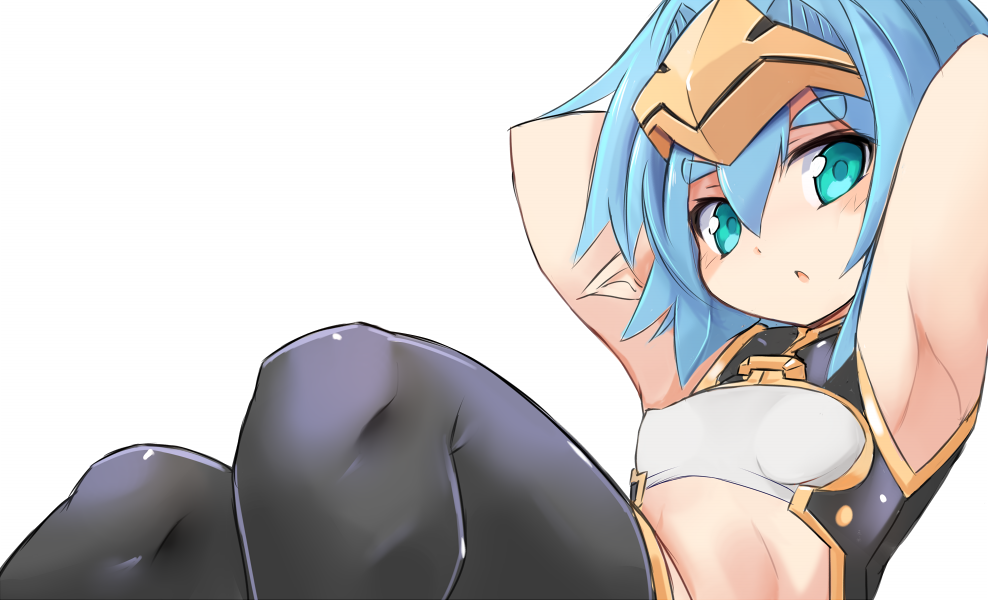 1girl armpits arms_up bangs black_legwear blue_hair blush breasts eyebrows_visible_through_hair green_eyes hair_between_eyes hellmatio karukan_(monjya) parted_lips pointy_ears shinrabanshou simple_background sitting small_breasts solo thick_eyebrows thighhighs white_background