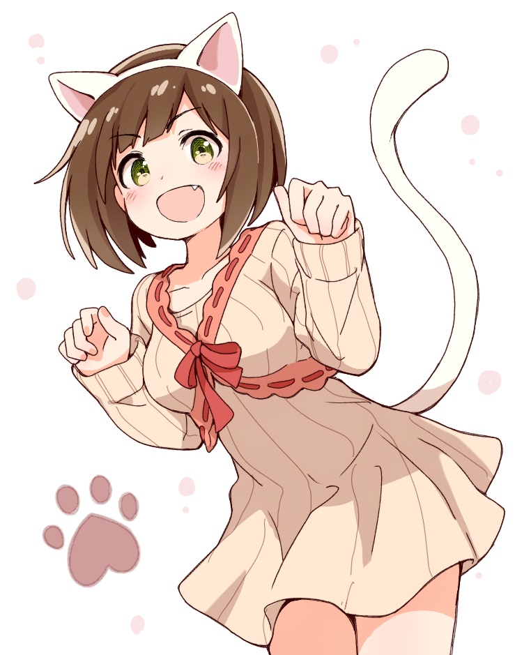 1girl :d animal_ears bangs blush breasts brown_dress brown_hair brown_jacket cat_ears cat_girl cat_tail ddak5843 dress eyebrows_visible_through_hair fake_animal_ears fang green_eyes hairband idolmaster idolmaster_cinderella_girls jacket long_sleeves looking_at_viewer maekawa_miku medium_breasts open_mouth ribbed_dress ribbed_jacket ribbon_trim short_hair sleeves_past_wrists smile solo tail tail_raised v-shaped_eyebrows white_background white_hairband