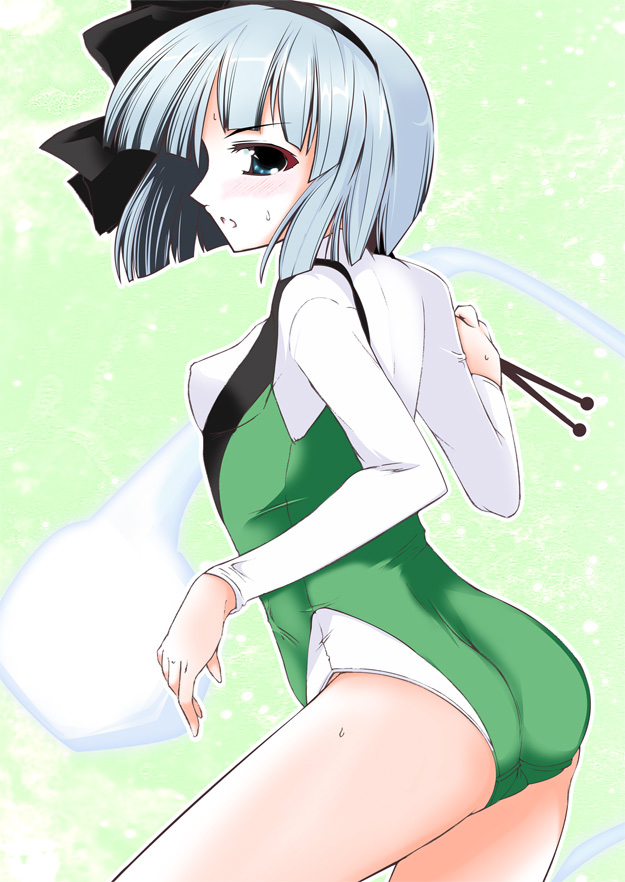 ass black_hairband blue_eyes ganmo ghost green_leotard gymnast_leotard gymnastics hairband hitodama konpaku_youmu konpaku_youmu_(ghost) leotard looking_back short_hair silver_hair solo touhou