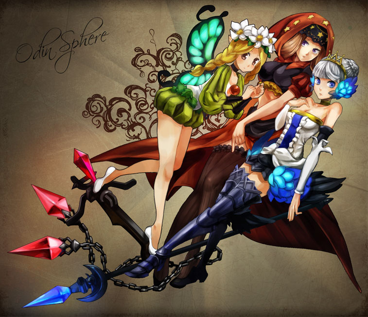 armor armored_dress blonde_hair bow_(weapon) brown_background brown_eyes chain crop_top crossbow dress feathers gwendolyn mercedes midriff multiple_girls odin_sphere oyuyamio polearm puff_and_slash_sleeves puffy_sleeves purple_eyes revision silver_hair spear strapless strapless_dress thighhighs velvet_(odin_sphere) weapon