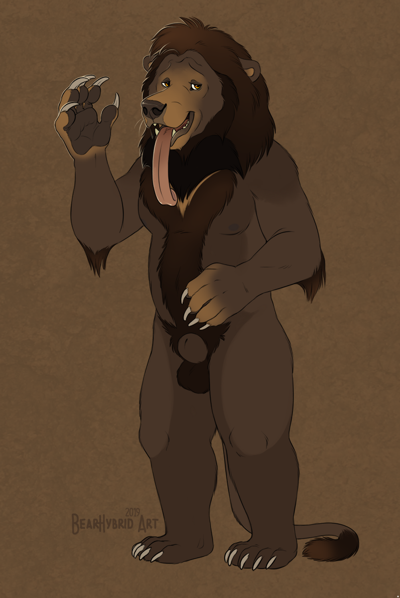 2019 5_fingers amber_eyes animal_genitalia anthro balls body_hair brown_background brown_fur claws cunningfox felid fully_sheathed fur happy_trail hybrid lion long_tongue male mammal mane nude pantherine sheath simple_background solo standing sun_bear toe_claws tongue tongue_out ursine
