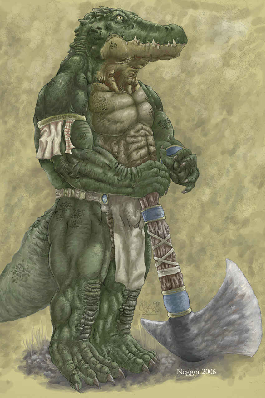 axe crocodile loincloth male muscles negger reptile scalie sobek solo weapon